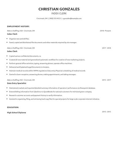 Index Clerk Resume