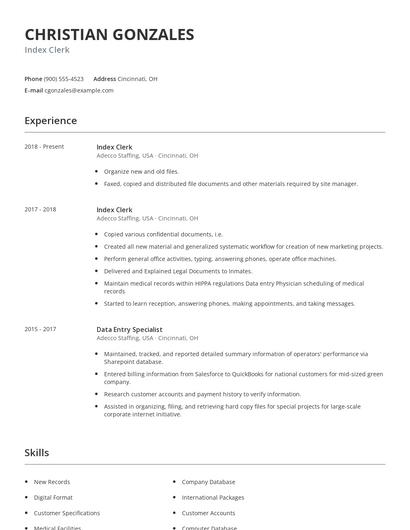 Index Clerk Resume