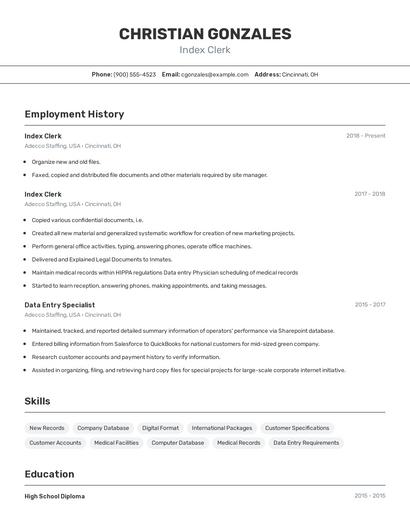 Index Clerk Resume