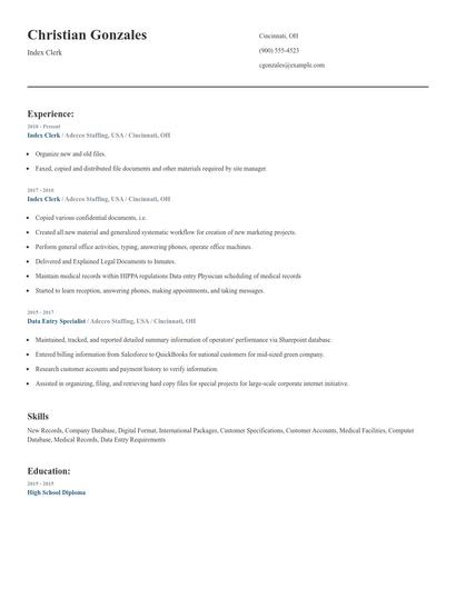 Index Clerk Resume