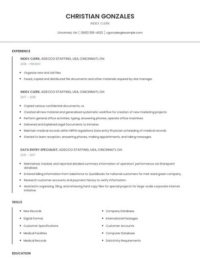 Index Clerk Resume