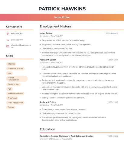 Index Editor Resume