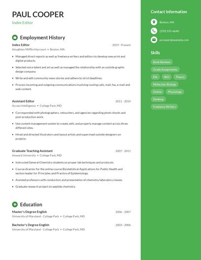 Index Editor Resume