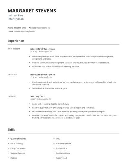 Indirect Fire Infantryman Resume