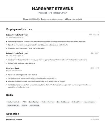 Indirect Fire Infantryman Resume