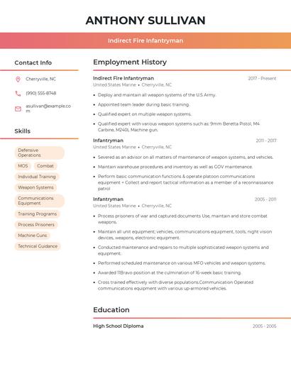 Indirect Fire Infantryman Resume