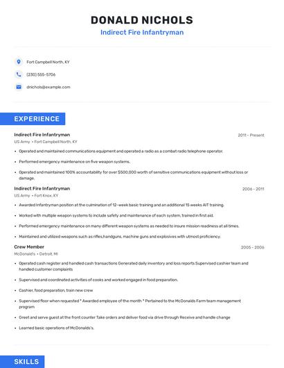 Indirect Fire Infantryman Resume