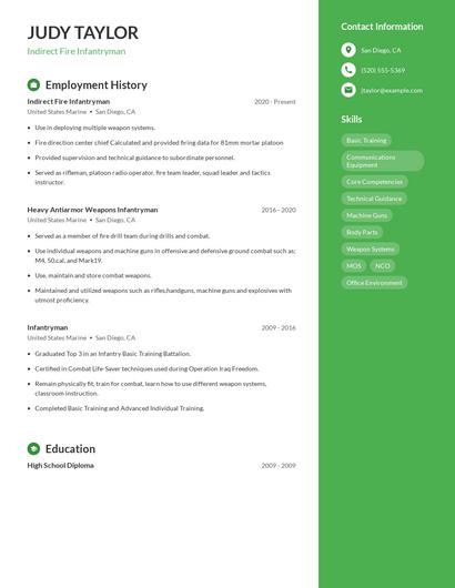 Indirect Fire Infantryman Resume