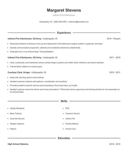 Indirect Fire Infantryman Resume