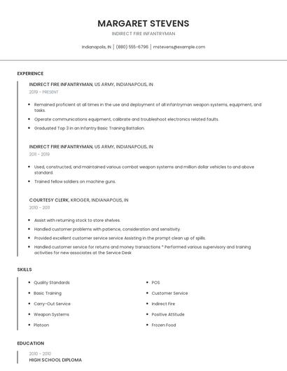 Indirect Fire Infantryman Resume