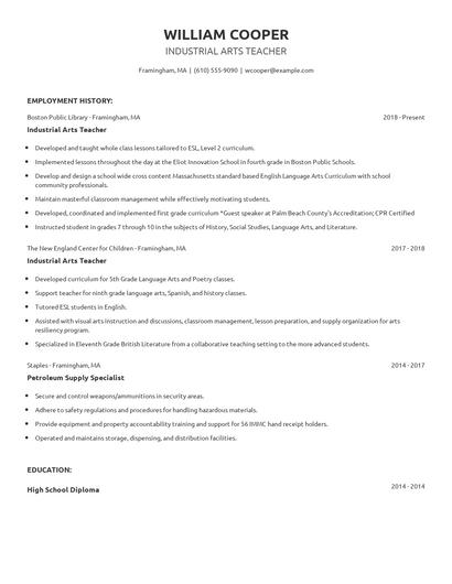 Industrial Arts Teacher Resume
