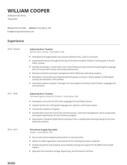 Industrial Arts Teacher Resume
