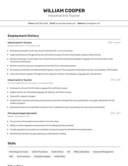 Industrial Arts Teacher Resume