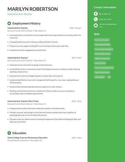 Industrial Arts Teacher Resume