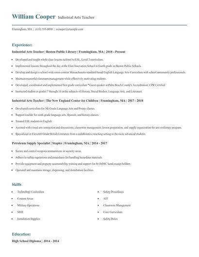 Industrial Arts Teacher Resume