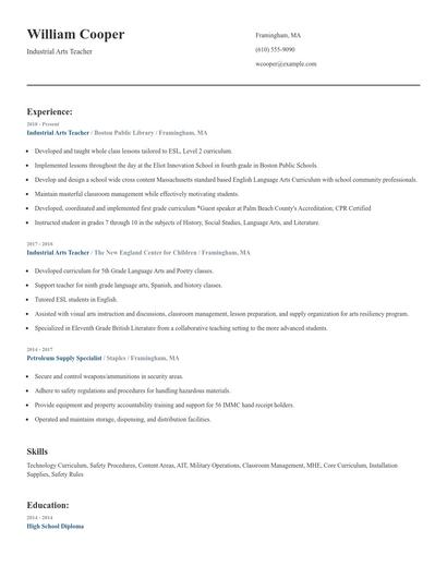 Industrial Arts Teacher Resume