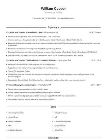 Industrial Arts Teacher Resume