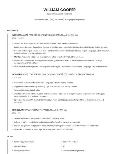 Industrial Arts Teacher Resume