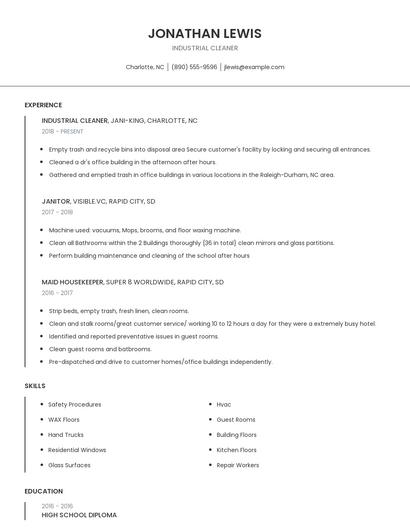Industrial Cleaner Resume