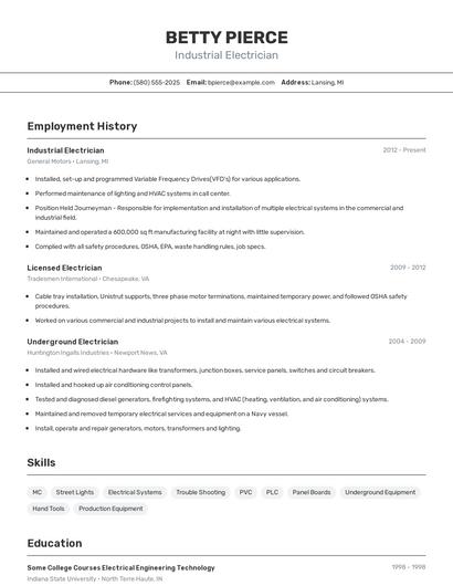Industrial Electrician Resume
