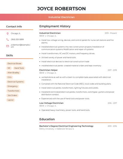 Industrial Electrician Resume