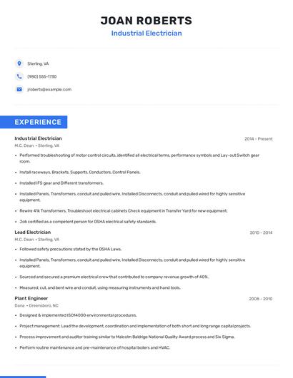 Industrial Electrician Resume