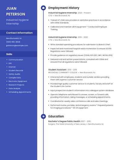 Industrial Hygiene Internship Resume
