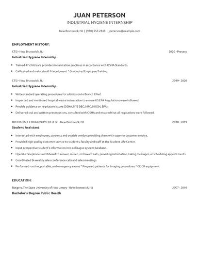 Industrial Hygiene Internship Resume