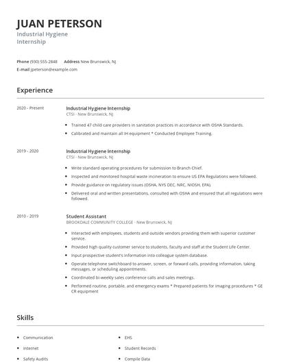 Industrial Hygiene Internship Resume