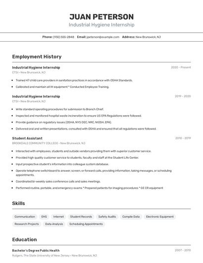 Industrial Hygiene Internship Resume