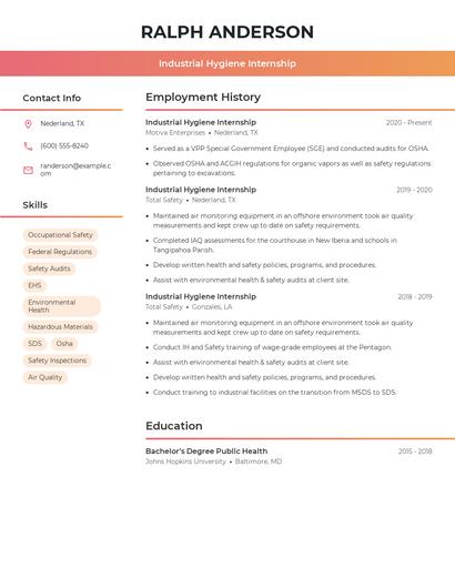 Industrial Hygiene Internship Resume