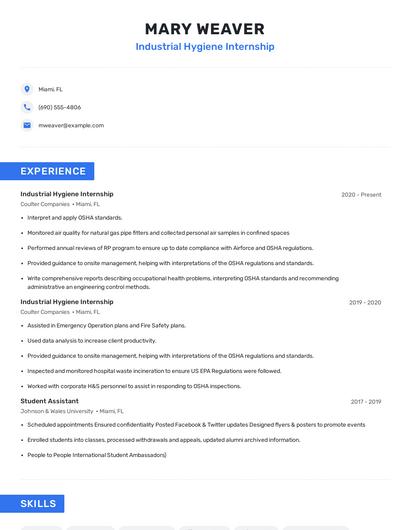 Industrial Hygiene Internship Resume
