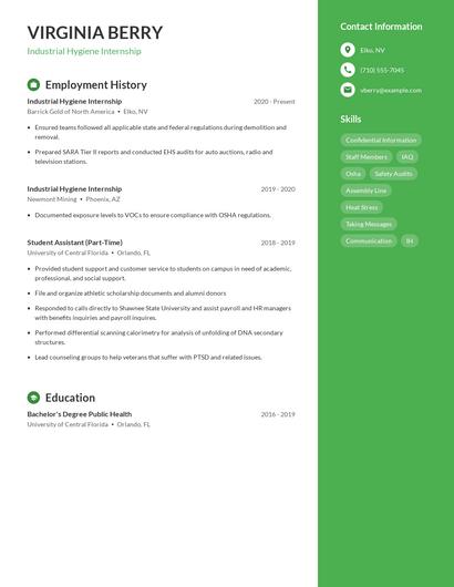 Industrial Hygiene Internship Resume