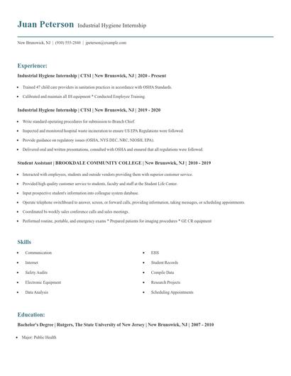 Industrial Hygiene Internship Resume