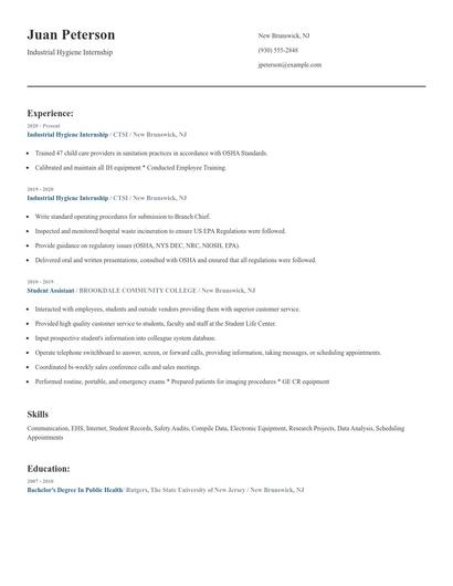 Industrial Hygiene Internship Resume