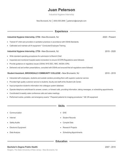 Industrial Hygiene Internship Resume