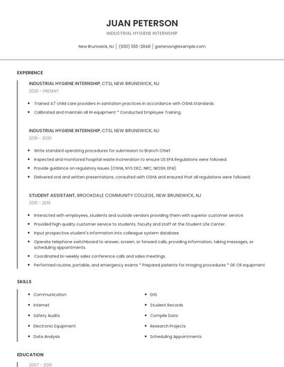 Industrial Hygiene Internship Resume