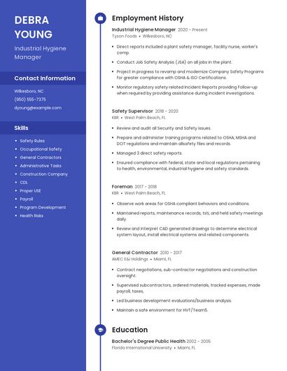 Industrial Hygiene Manager Resume