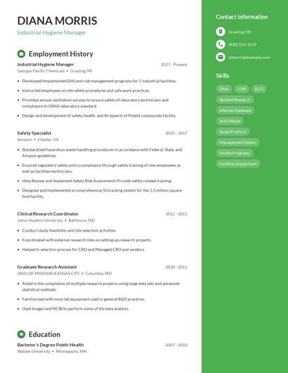 Industrial Hygiene Manager Resume