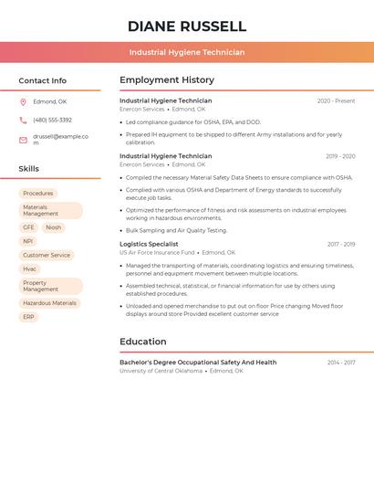 Industrial Hygiene Technician Resume