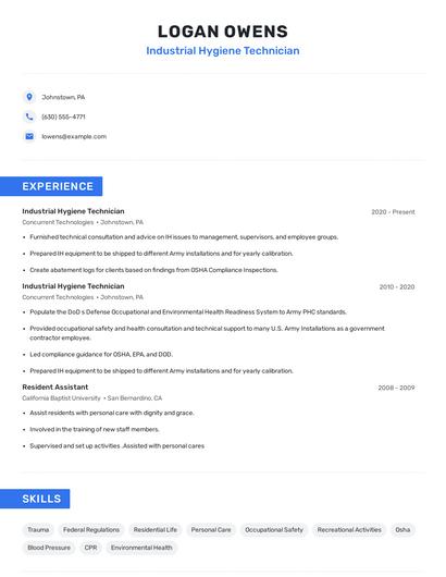 Industrial Hygiene Technician Resume