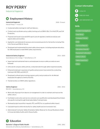Industrial Hygienist Resume