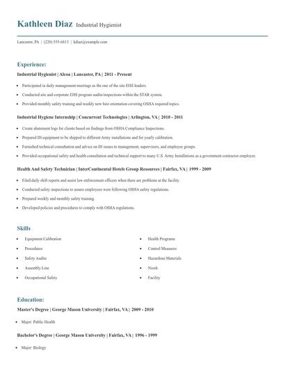 Industrial Hygienist Resume