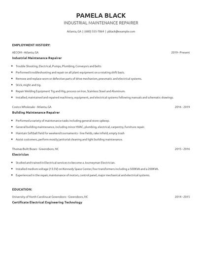 Industrial Maintenance Repairer Resume