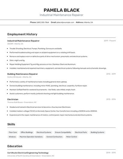 Industrial Maintenance Repairer Resume