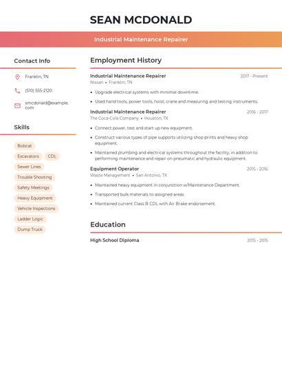 Industrial Maintenance Repairer Resume