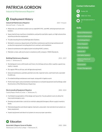 Industrial Maintenance Repairer Resume