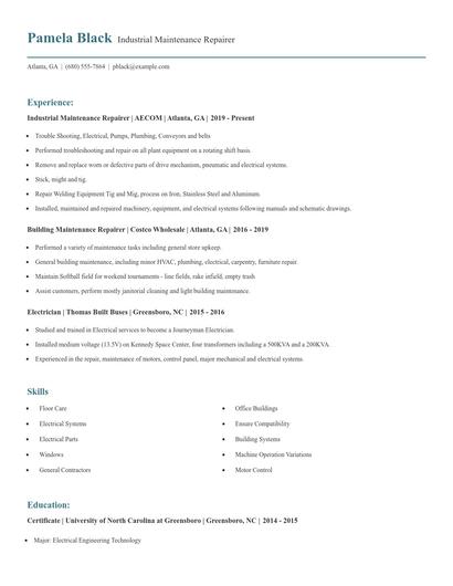 Industrial Maintenance Repairer Resume