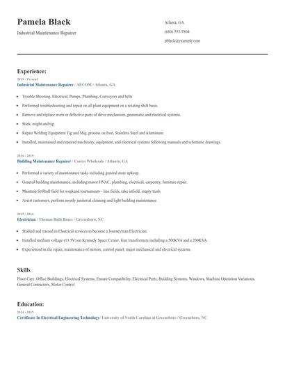 Industrial Maintenance Repairer Resume
