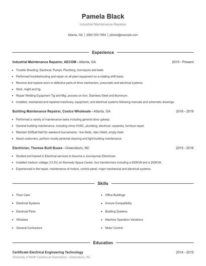 Industrial Maintenance Repairer Resume